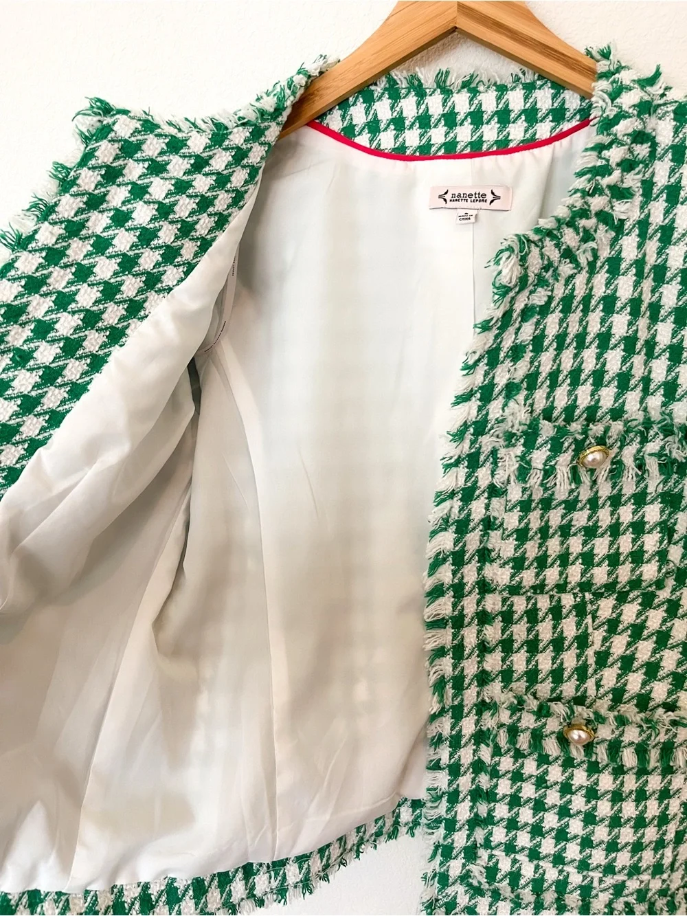 Nanette Lepore Green White Houndstooth Tweed Jacket Size 8 EUC — Chanel Style